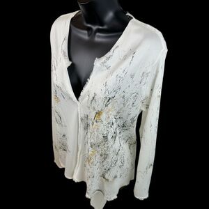 JAGA Artisan Silk Linen Hand-Painted Gold Splash Blouse/Size 3/M